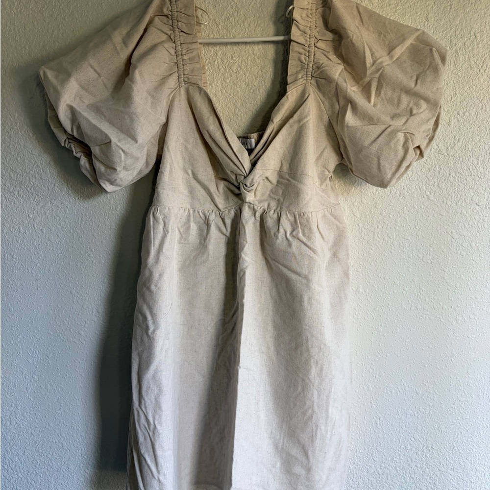 Cream Linen Puff Sleeve Dress